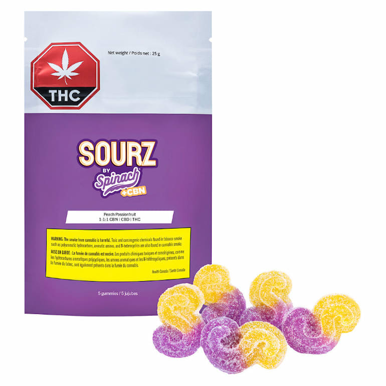 SOURZ by Spinach - SOURZ by Spinach Peach Passionfruit 1:1:1 CBN:CBD:THC 5pk Soft Chews